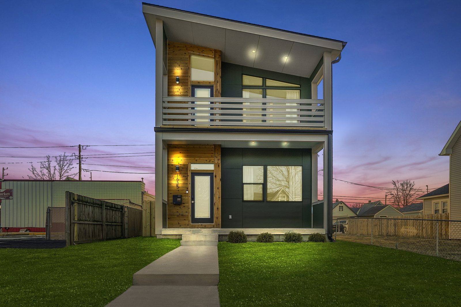 Modern home exterior at dusk — Indianapolis